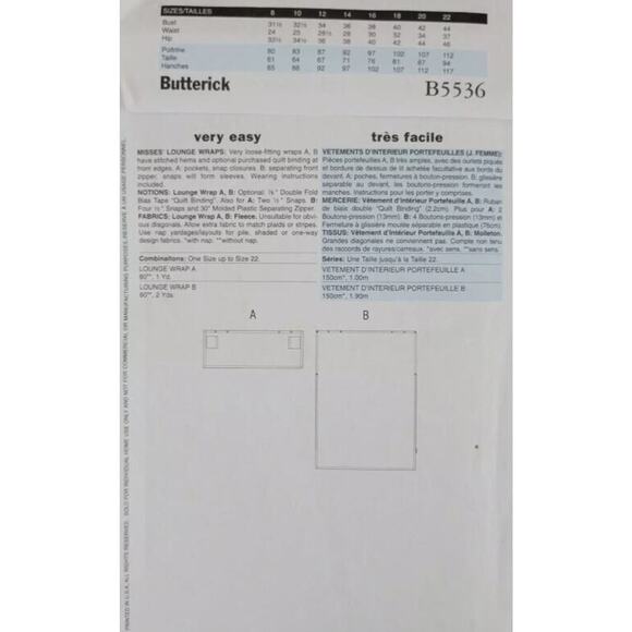Butterick 5536 Sewing Pattern Comfywear Blanket Lounge Wrap One Size Uncut - Picture 2 of 2